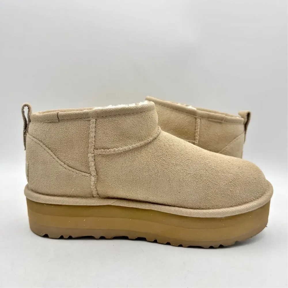 UGG Women Classic Ultra Mini Platform Boot US 5 Sand Suede Fur Plush Lining NWOB